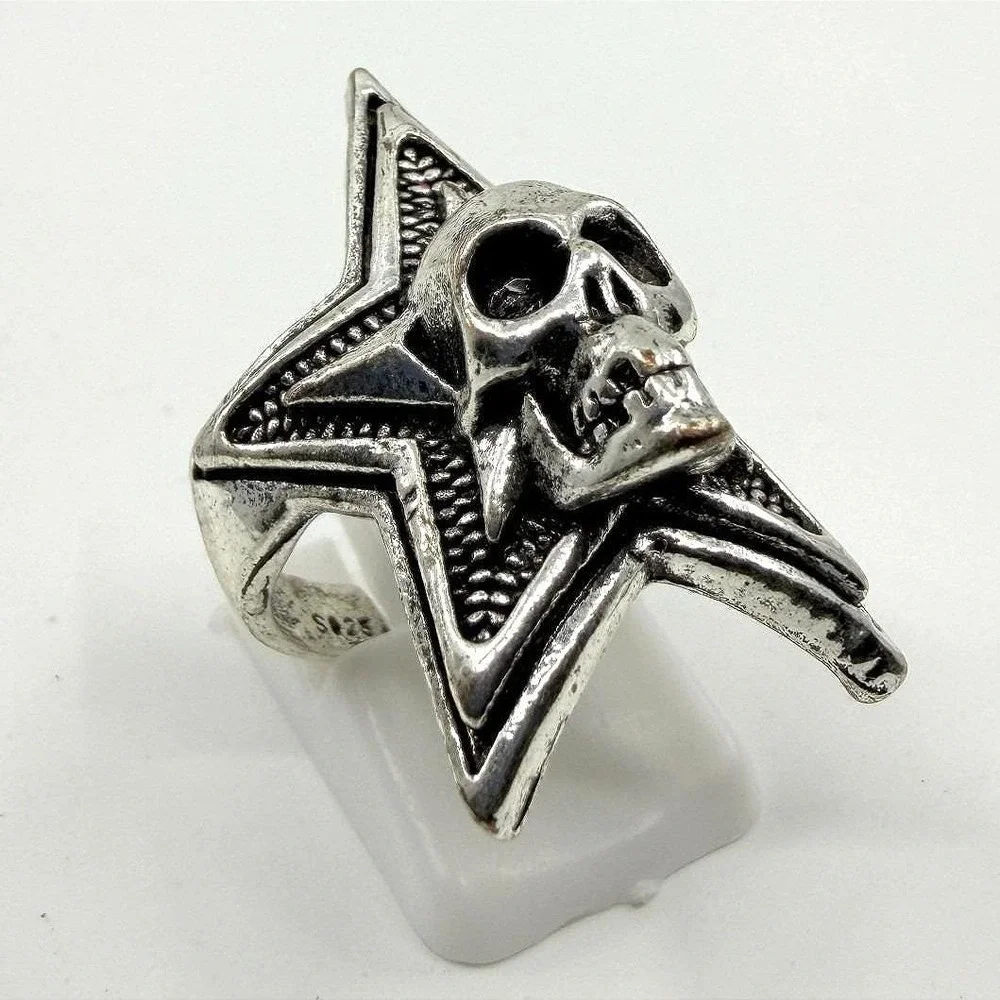 S925 Skull Pentagram Ring Sterling Silver Gothic Biker Adjustable Statement